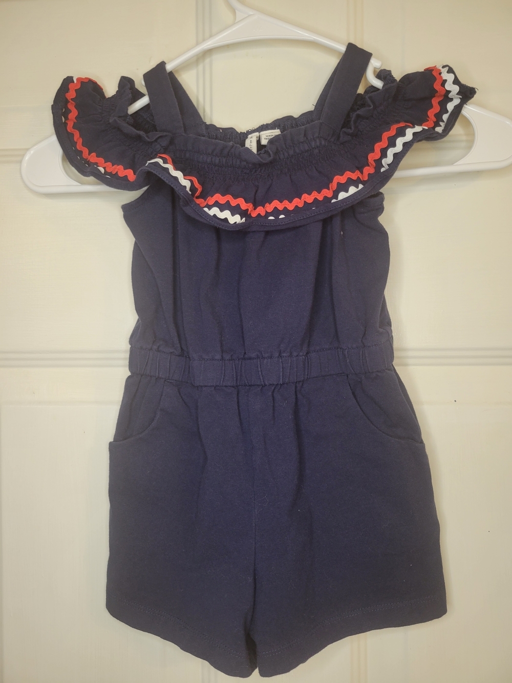 Janie And Jack Navy Off-Shoulder Romper with Red & White Trim